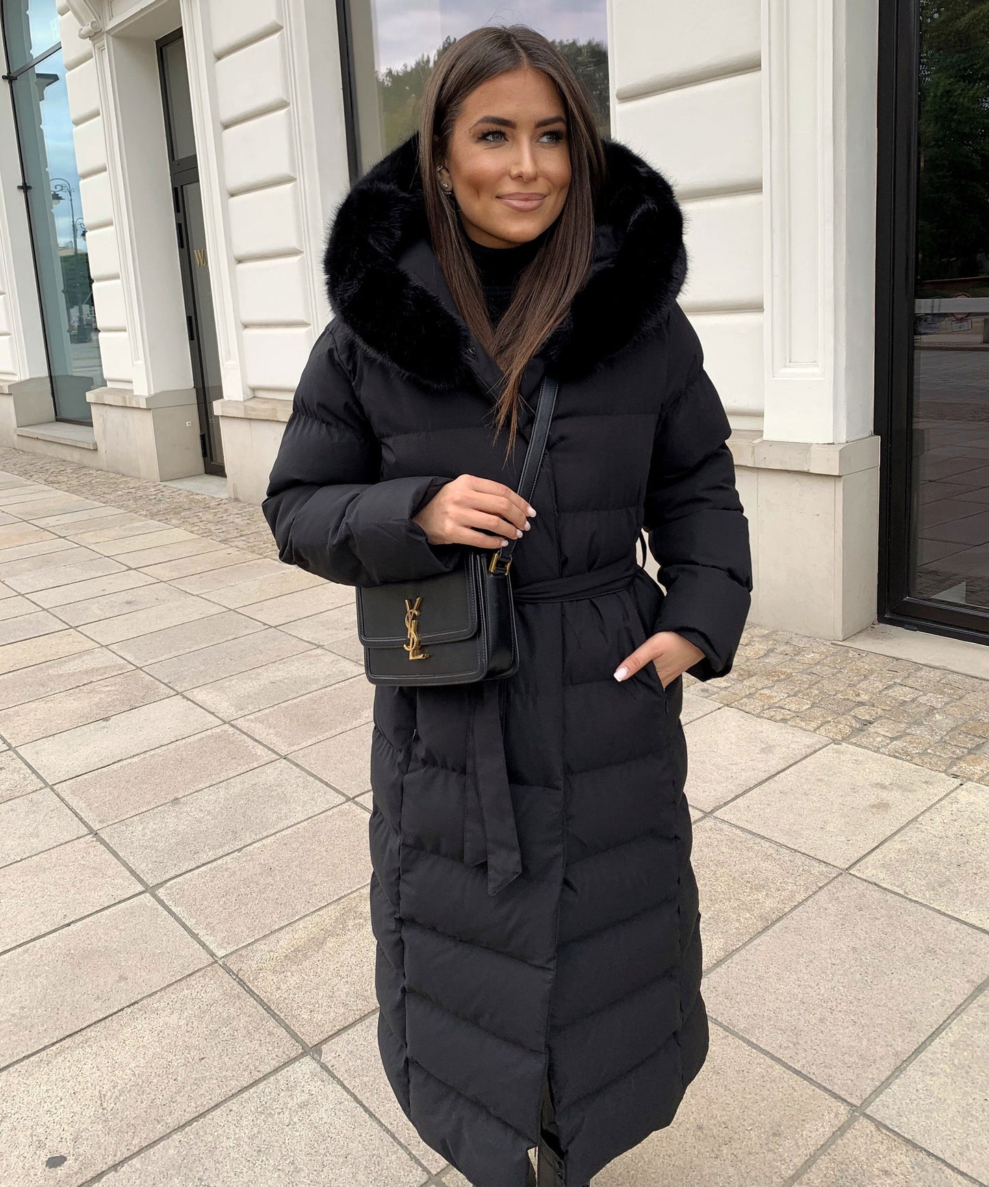 Linen Puffer Coat | Maxi Winter Jacket with Faux Fur Hood