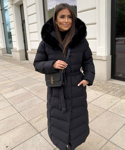 Linen Puffer Coat | Maxi Winter Jacket with Faux Fur Hood