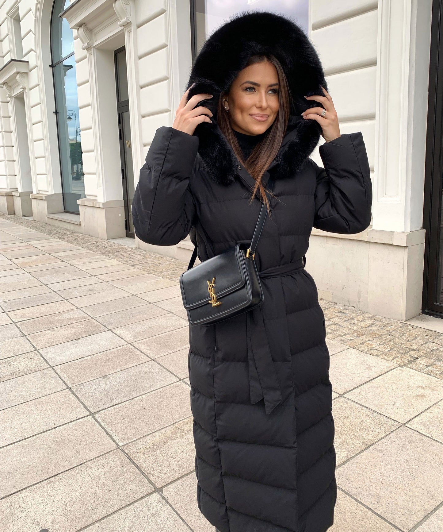 Linen Puffer Coat | Maxi Winter Jacket with Faux Fur Hood