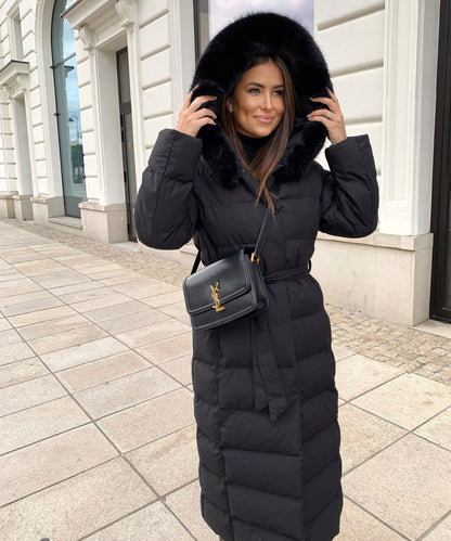 Linen Puffer Coat | Maxi Winter Jacket with Faux Fur Hood