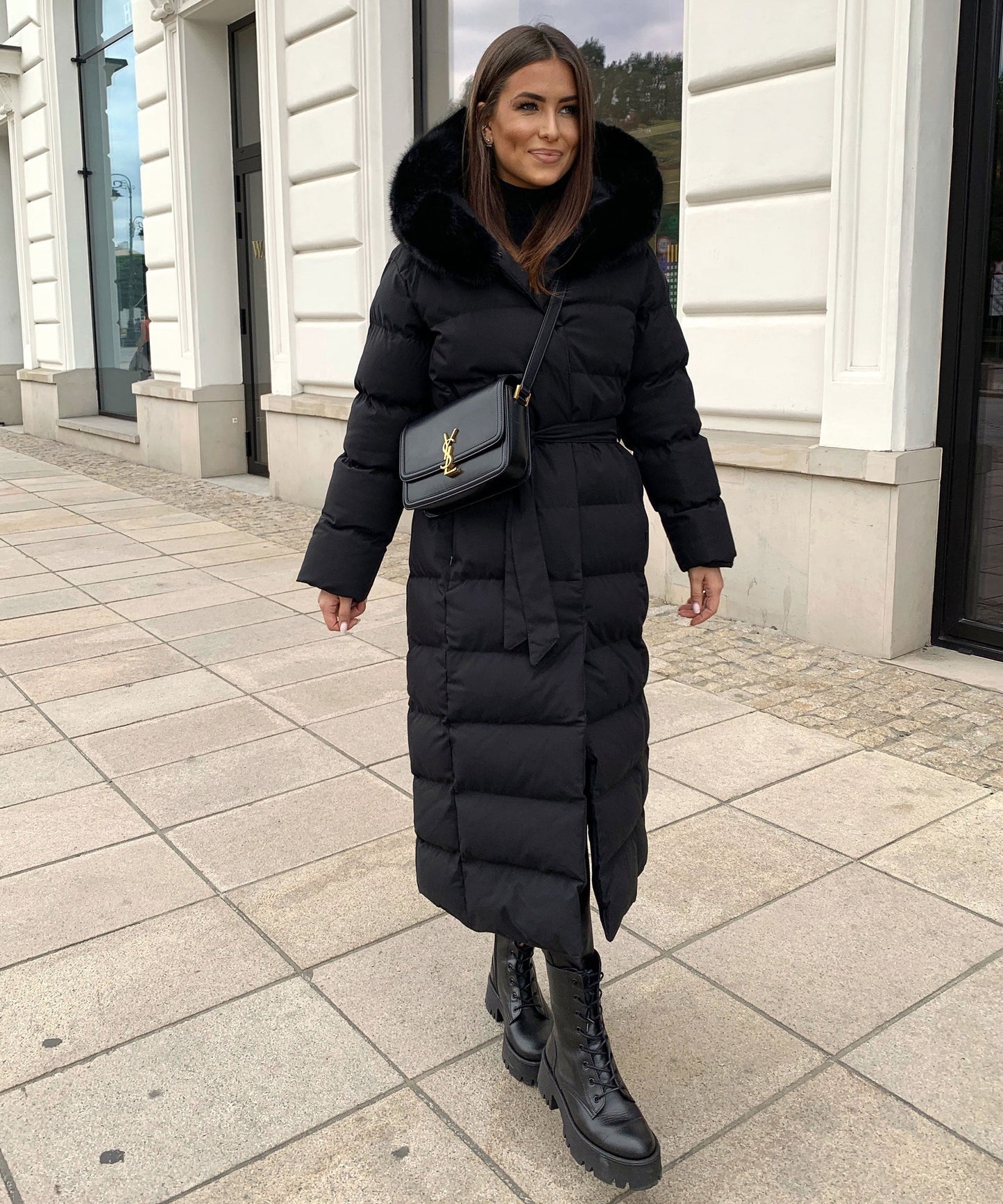 Linen Puffer Coat | Maxi Winter Jacket with Faux Fur Hood
