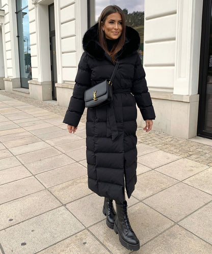 Linen Puffer Coat | Maxi Winter Jacket with Faux Fur Hood