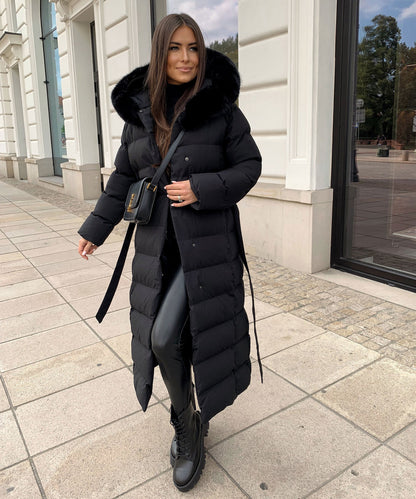 Linen Puffer Coat | Maxi Winter Jacket with Faux Fur Hood