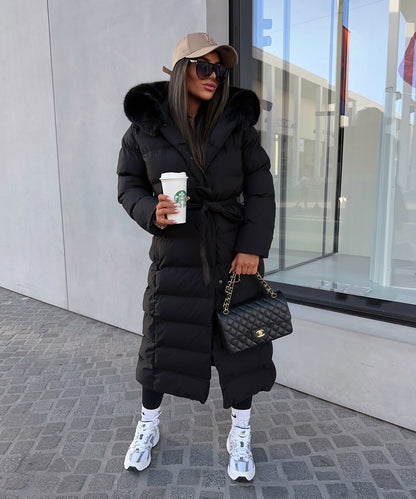 Linen Puffer Coat | Maxi Winter Jacket with Faux Fur Hood