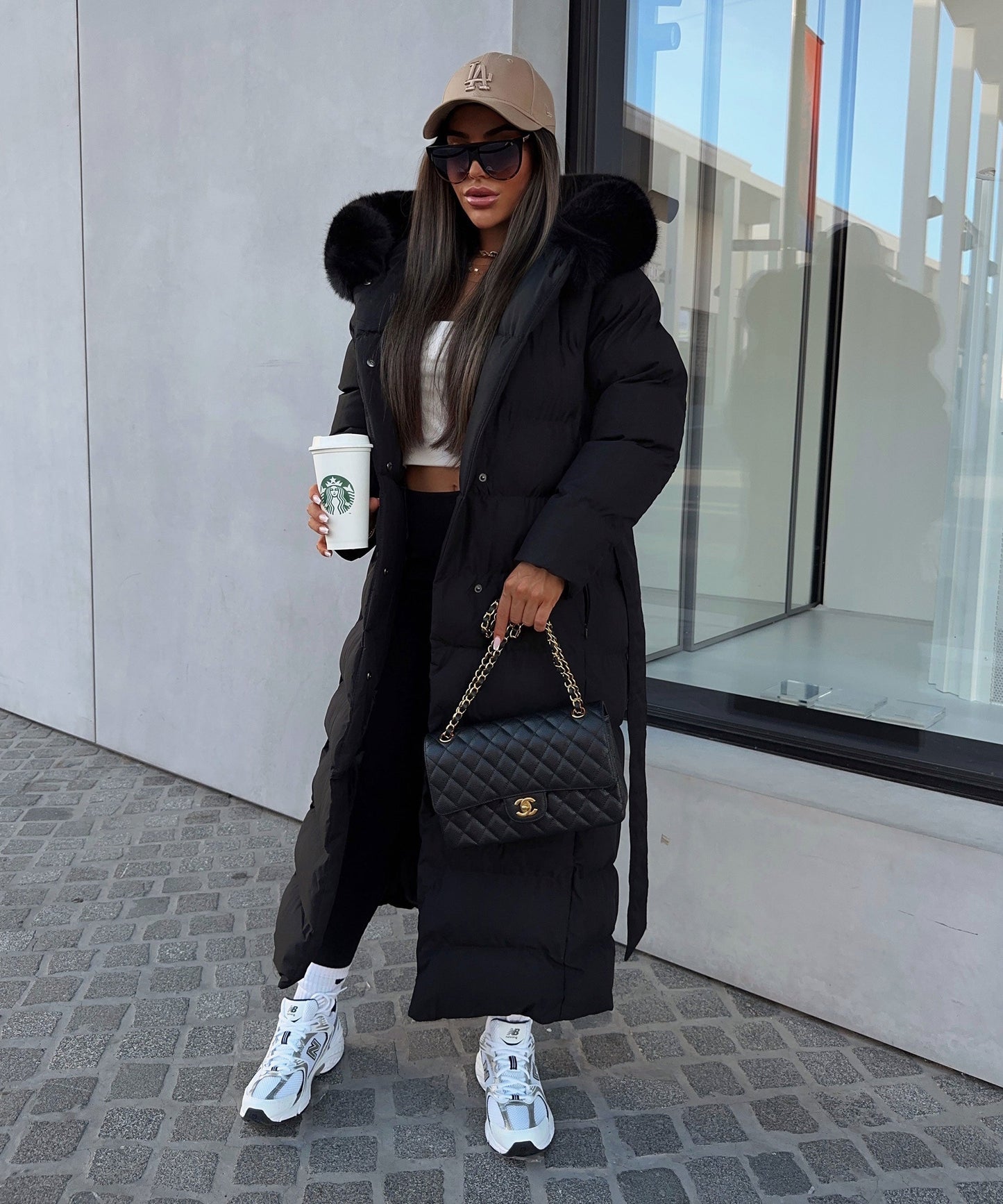 Linen Puffer Coat | Maxi Winter Jacket with Faux Fur Hood