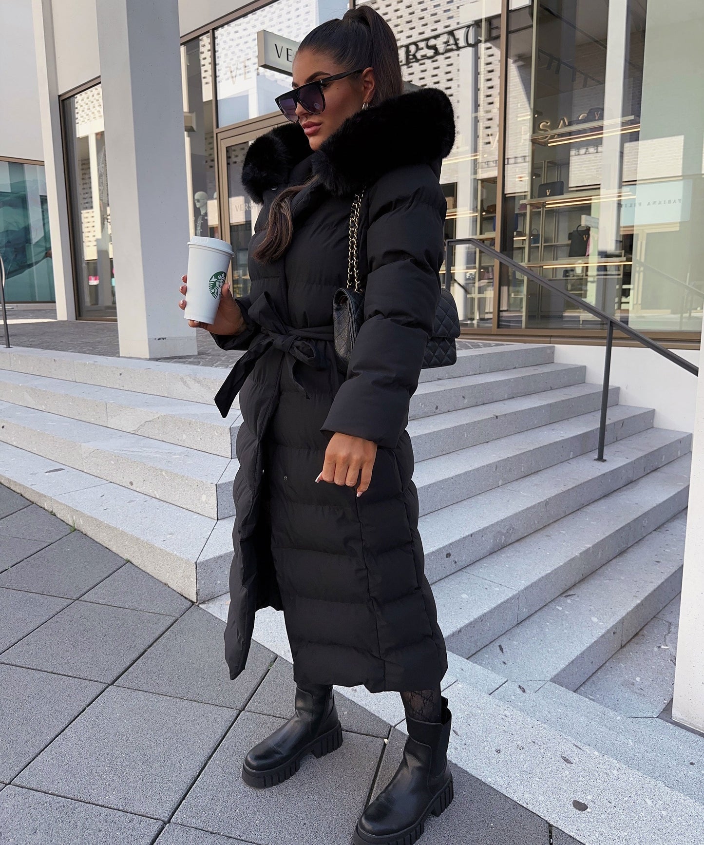 Linen Puffer Coat | Maxi Winter Jacket with Faux Fur Hood