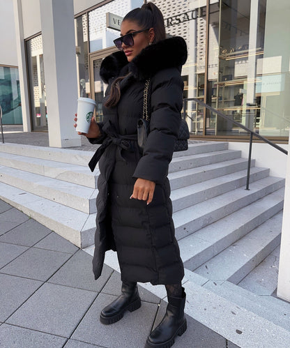 Linen Puffer Coat | Maxi Winter Jacket with Faux Fur Hood