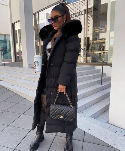 Linen Puffer Coat | Maxi Winter Jacket with Faux Fur Hood