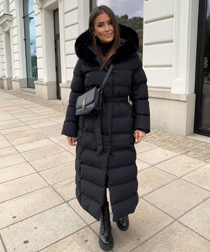 Linen Puffer Coat | Maxi Winter Jacket with Faux Fur Hood