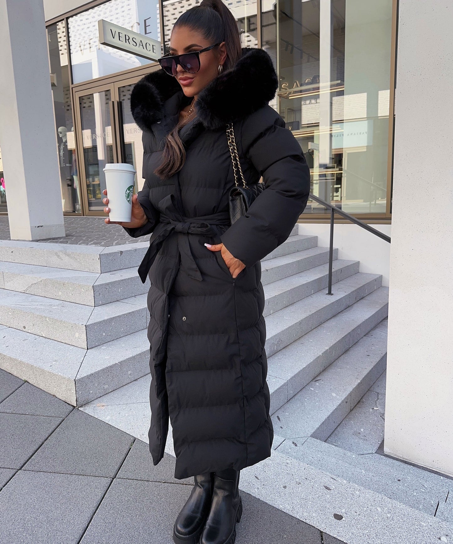 Linen Puffer Coat | Maxi Winter Jacket with Faux Fur Hood
