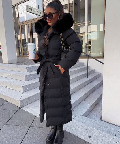 Linen Puffer Coat | Maxi Winter Jacket with Faux Fur Hood