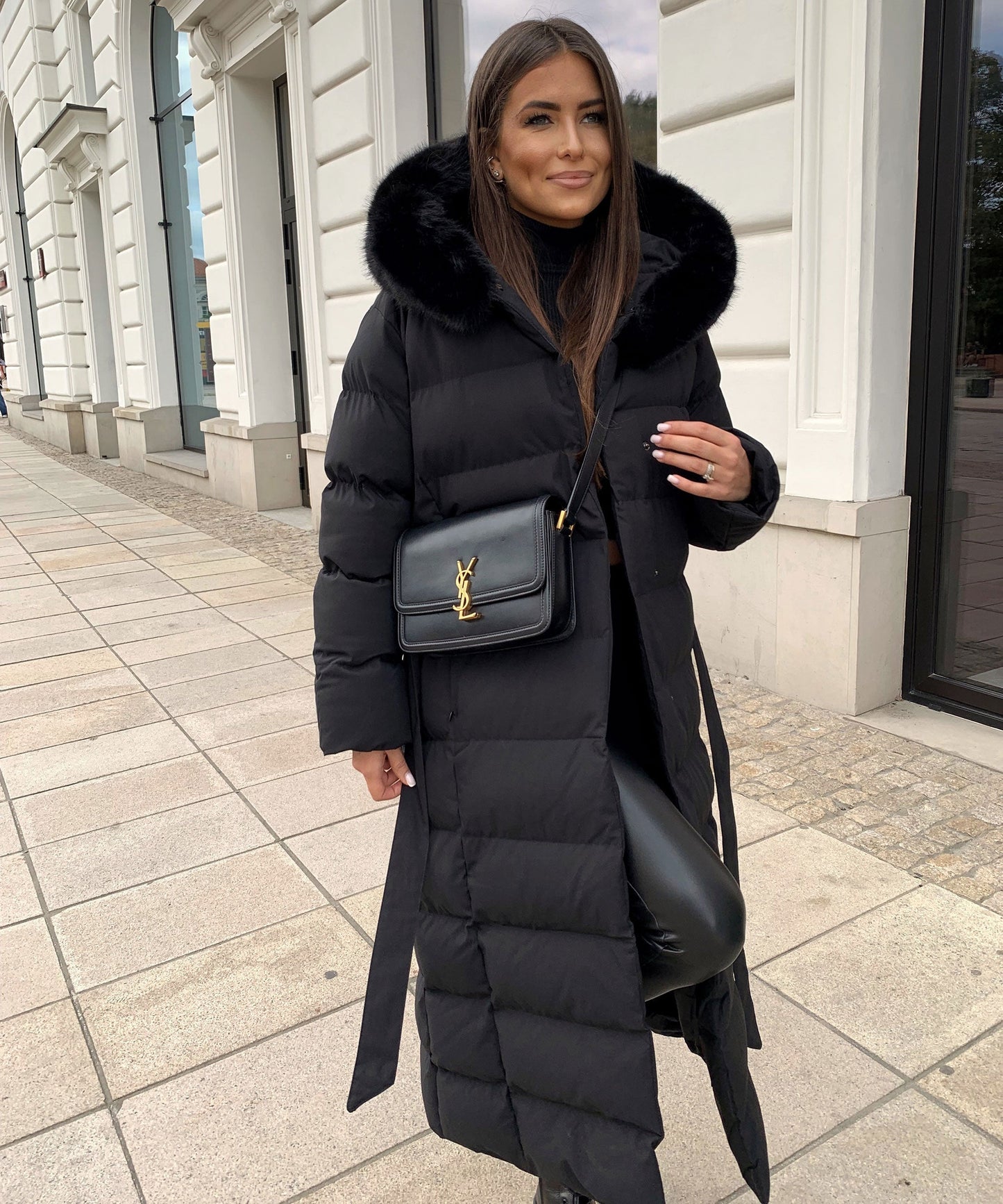 Linen Puffer Coat | Maxi Winter Jacket with Faux Fur Hood