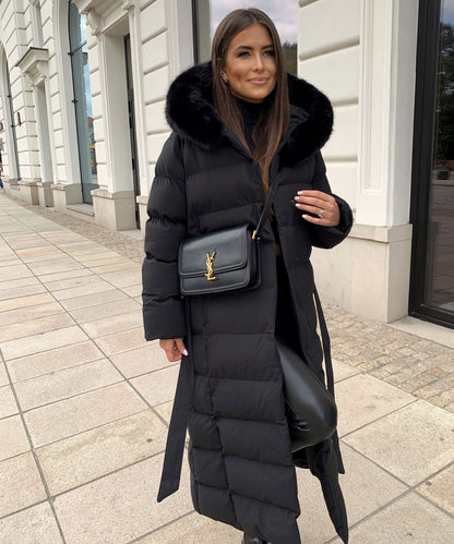Linen Puffer Coat | Maxi Winter Jacket with Faux Fur Hood
