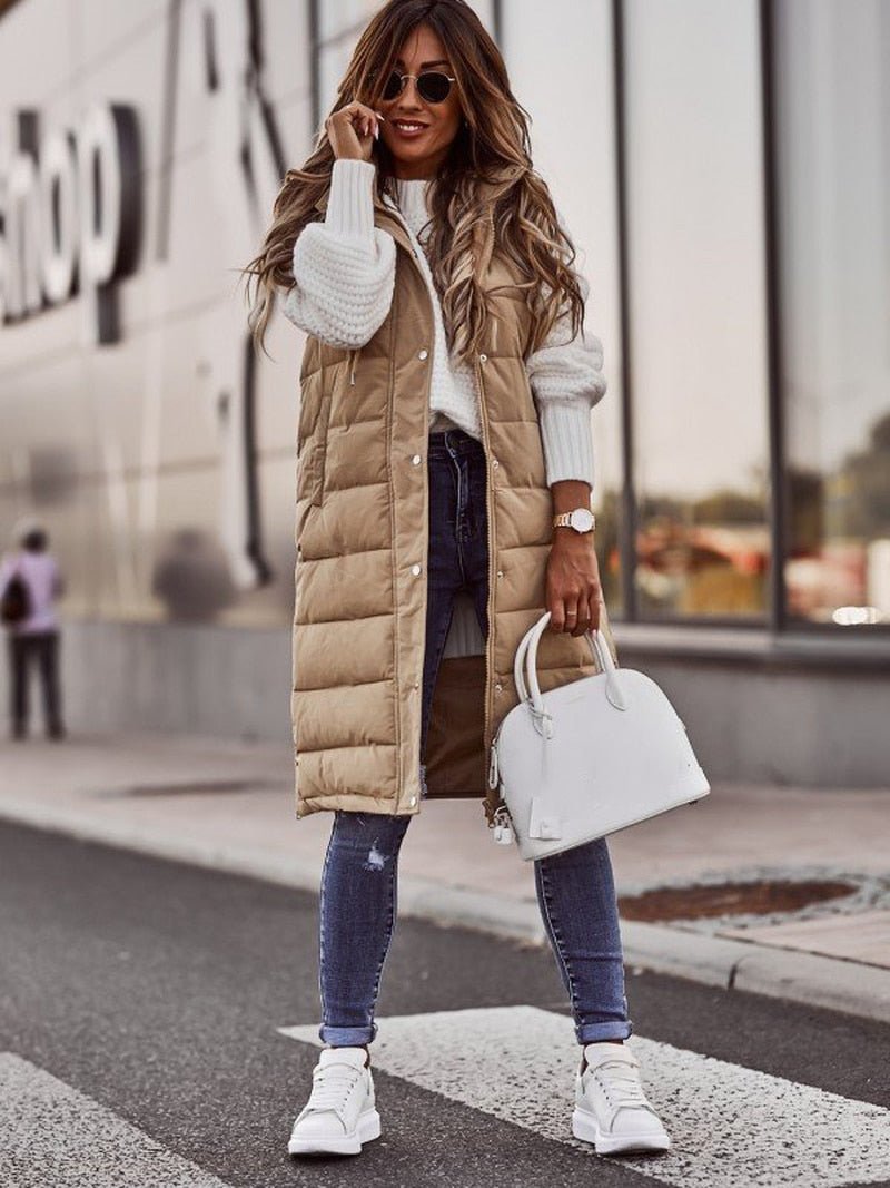 Women's knee-length quilted puffer gilet in beige