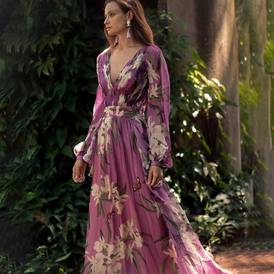 Maxi Dress | Floral V-Neck Linen Dress