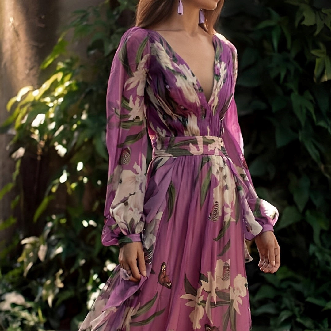 Maxi Dress | Floral V-Neck Linen Dress