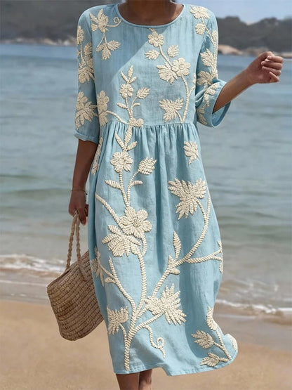 Women's linen floral round neck summer dress