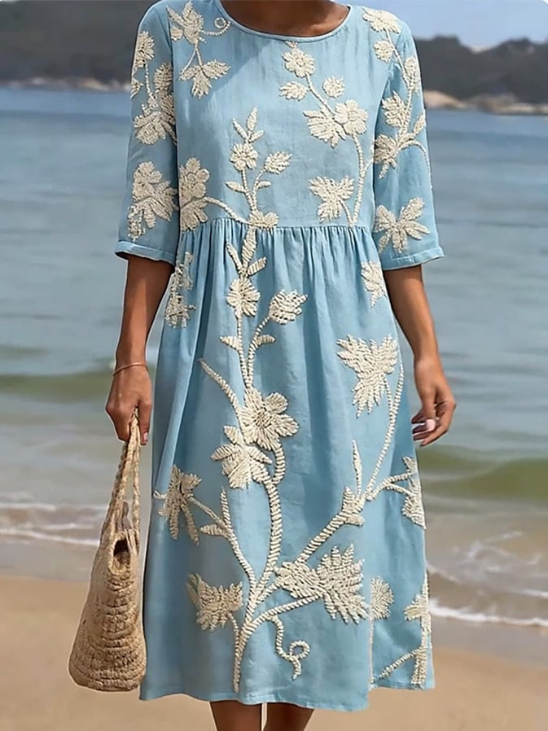 Linen Floral Dress | Round Neck Summer Midi Dress