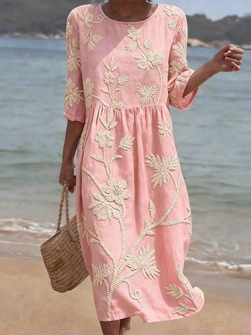 Linen Floral Dress | Round Neck Summer Midi Dress