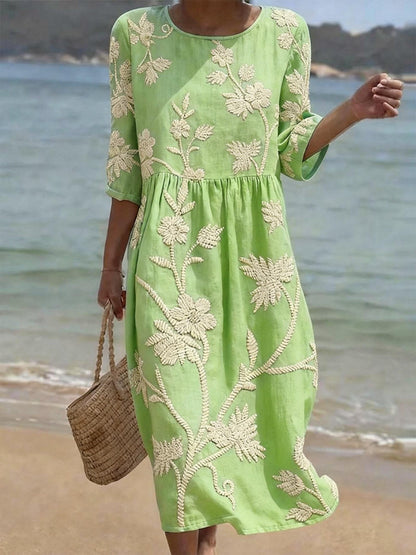 Linen Floral Dress | Round Neck Summer Midi Dress