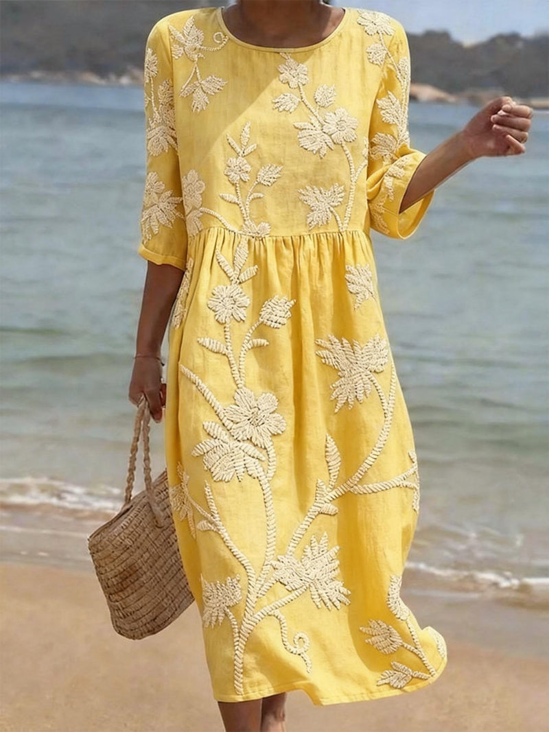 Linen Floral Dress | Round Neck Summer Midi Dress