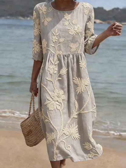 Linen Floral Dress | Round Neck Summer Midi Dress