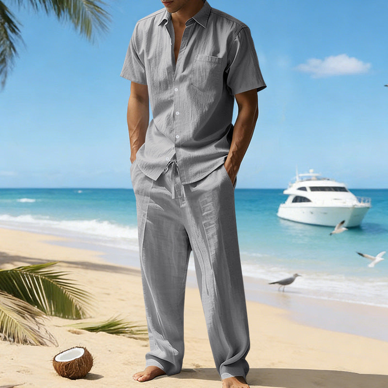 Men's short-sleeve shirt and drawstring trousers set