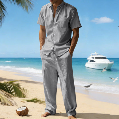 Men's short-sleeve shirt and drawstring trousers set