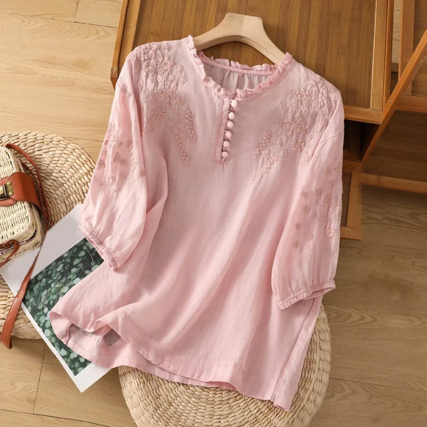 Floral Embroidered Blouse | Button-Front Top
