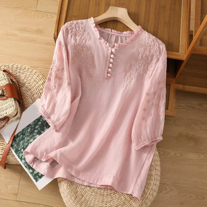 Floral Embroidered Blouse | Button-Front Top