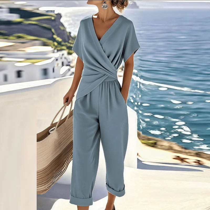 Linen Two-Piece Set | Wrap Top & Cropped Trousers
