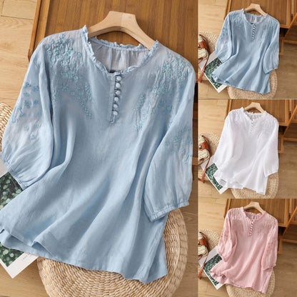 Floral Embroidered Blouse | Button-Front Top