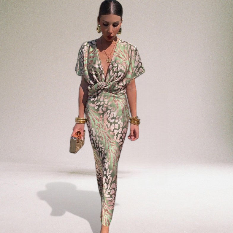 Women's satin wrap maxi dress in light green
