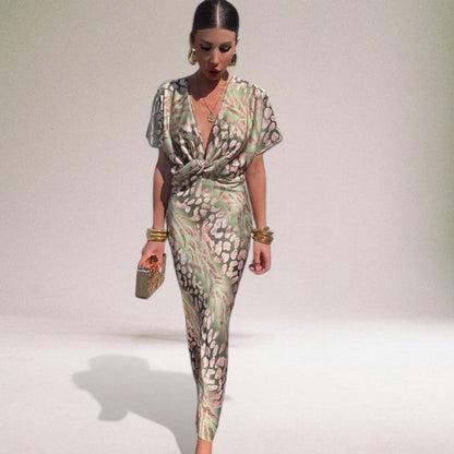 Women's satin wrap maxi dress in light green