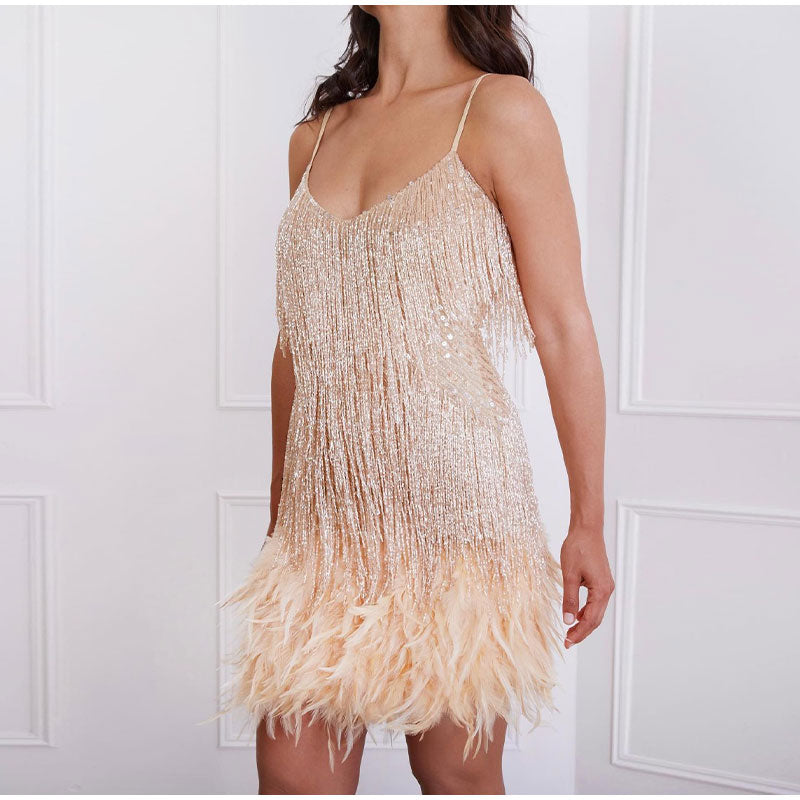 Women's Dress | Sequin Feather-Hem Cocktail Dress