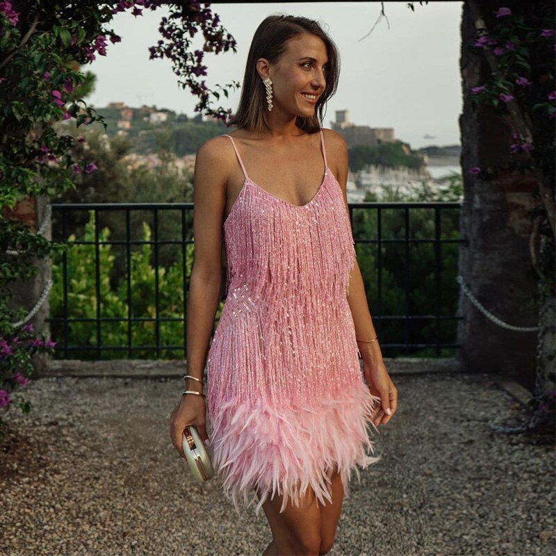 Women's Dress | Sequin Feather-Hem Cocktail Dress