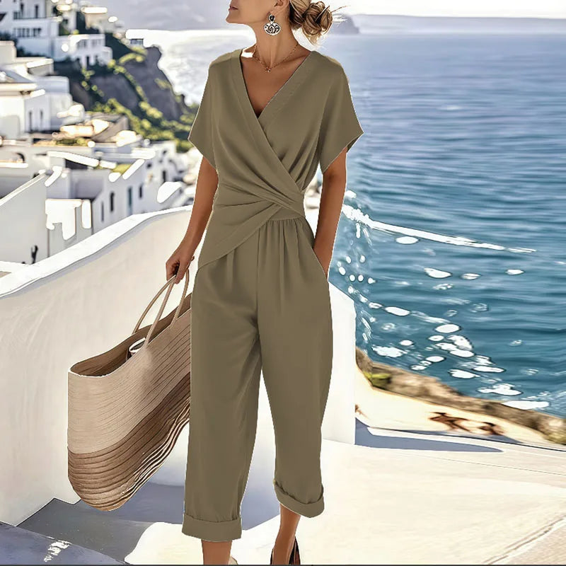 Linen Two-Piece Set | Wrap Top & Cropped Trousers