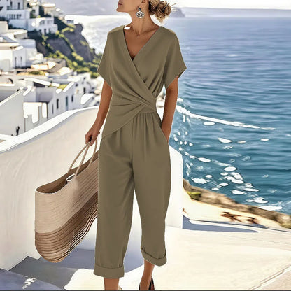 Linen Two-Piece Set | Wrap Top & Cropped Trousers