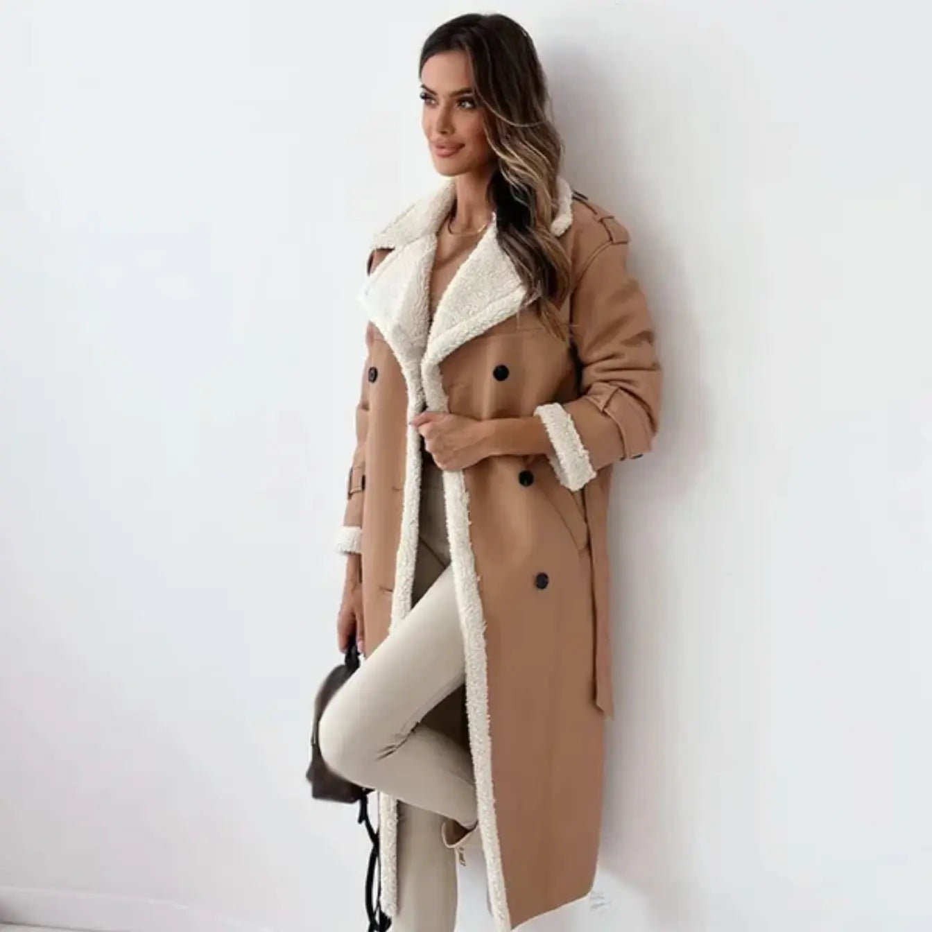 Long Winter Coat | Fleece-Lined Teddy Collar Coat