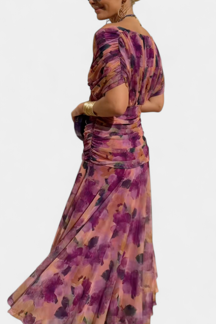 Maxi Dress | Ruched V-Neck Flowing Maxi Dress