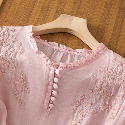 Floral Embroidered Blouse | Button-Front Top