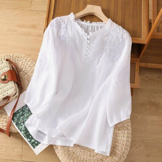 Women's floral embroidered button-front blouse