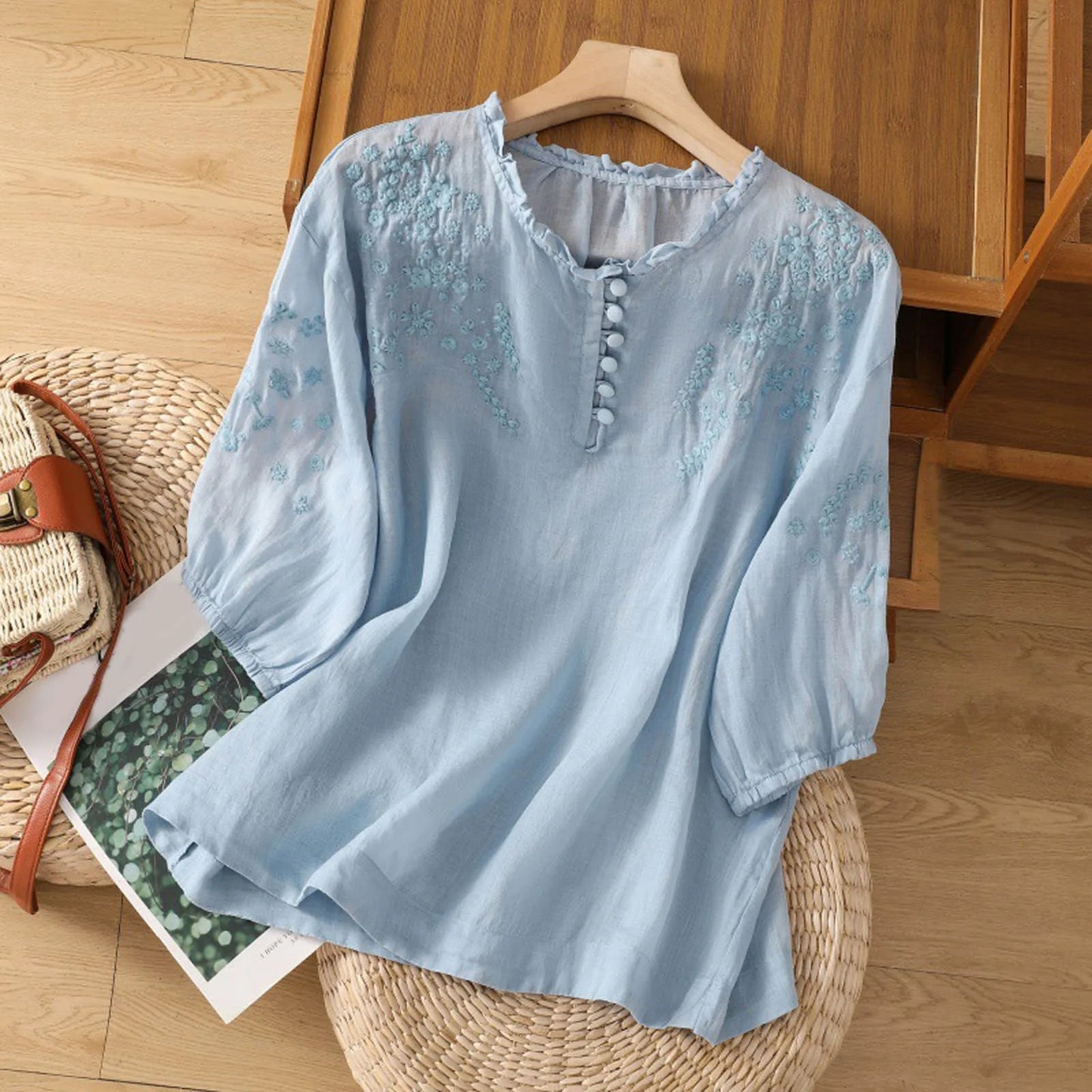 Floral Embroidered Blouse | Button-Front Top