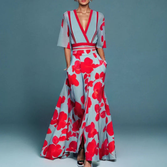 Women's floral wrap deep-V linen maxi dress
