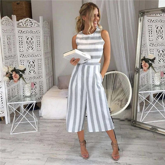 Women's striped sleeveless linen jumpsuit in blue