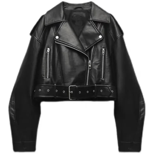 Faux Leather Biker Jacket | Cropped Belted Jacket