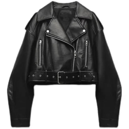 Faux Leather Biker Jacket | Cropped Belted Jacket