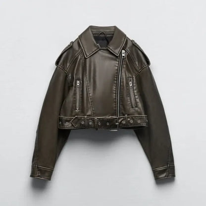 Women's cropped belted faux leather biker jacket
