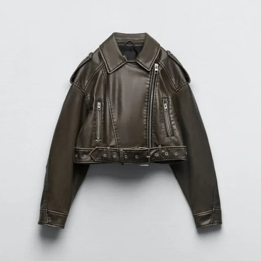 Women's cropped belted faux leather biker jacket