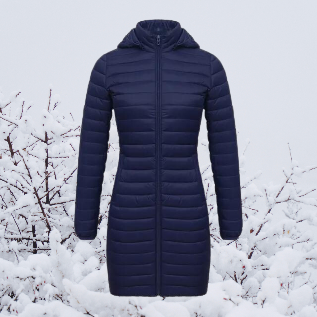 Women's lightweight long hooded winter parka in navy